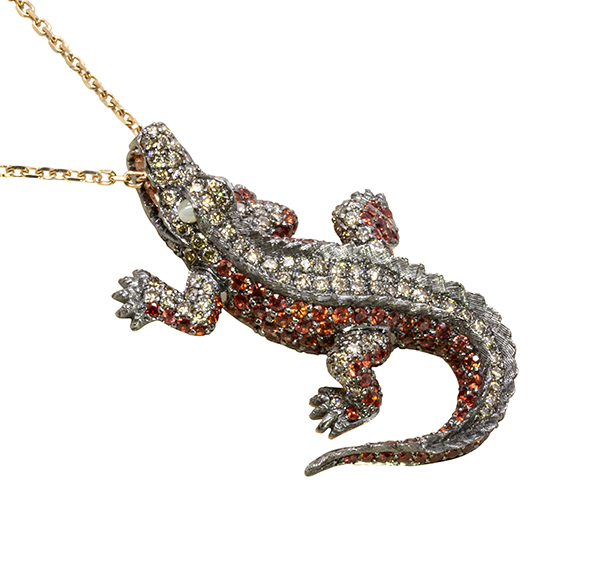 18K Brown Diamond & Orange Sapphire Crocodile Pendant on Chain